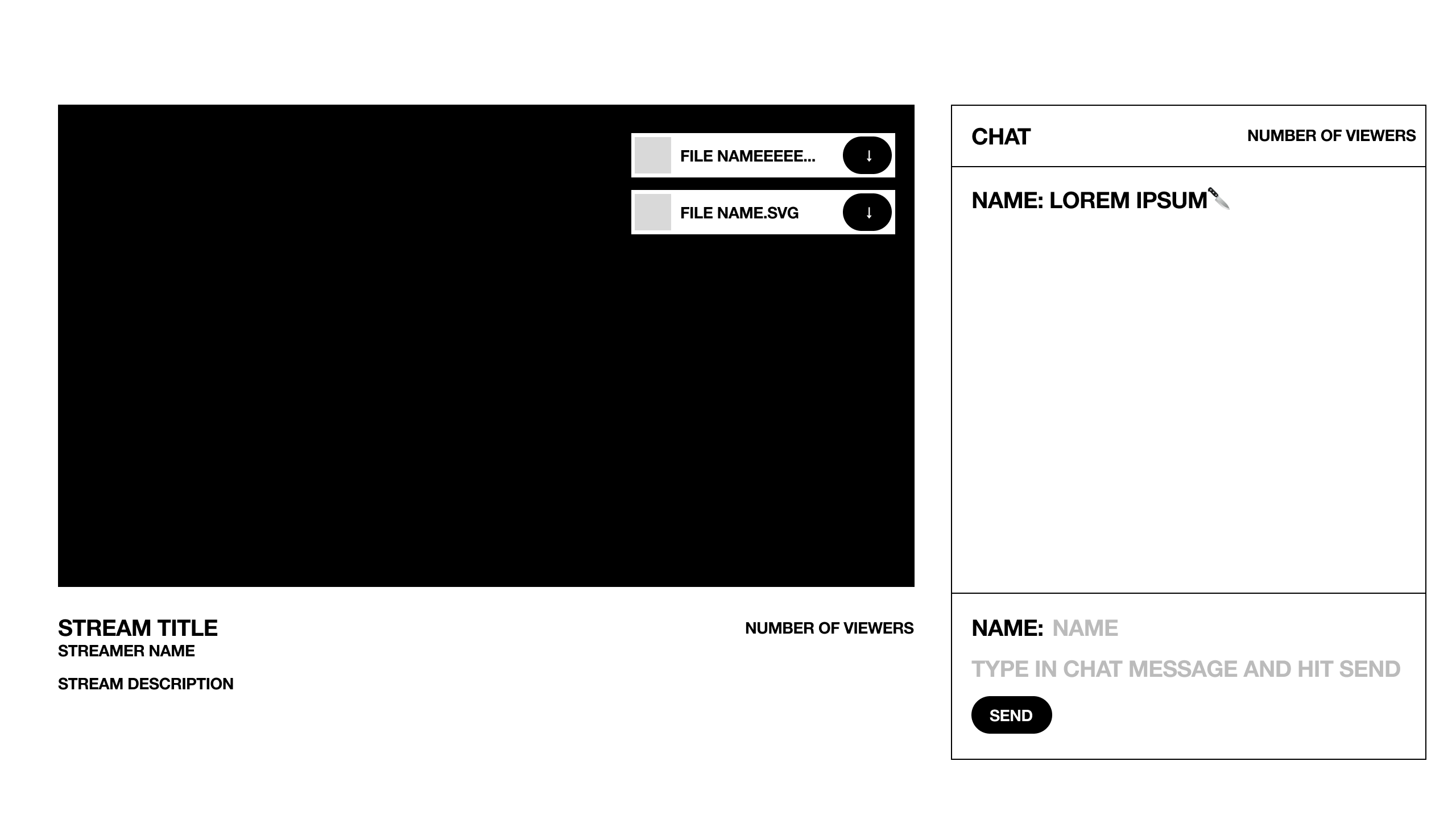 Wireframe of the Archil Live viewer page with downloadable files and chat