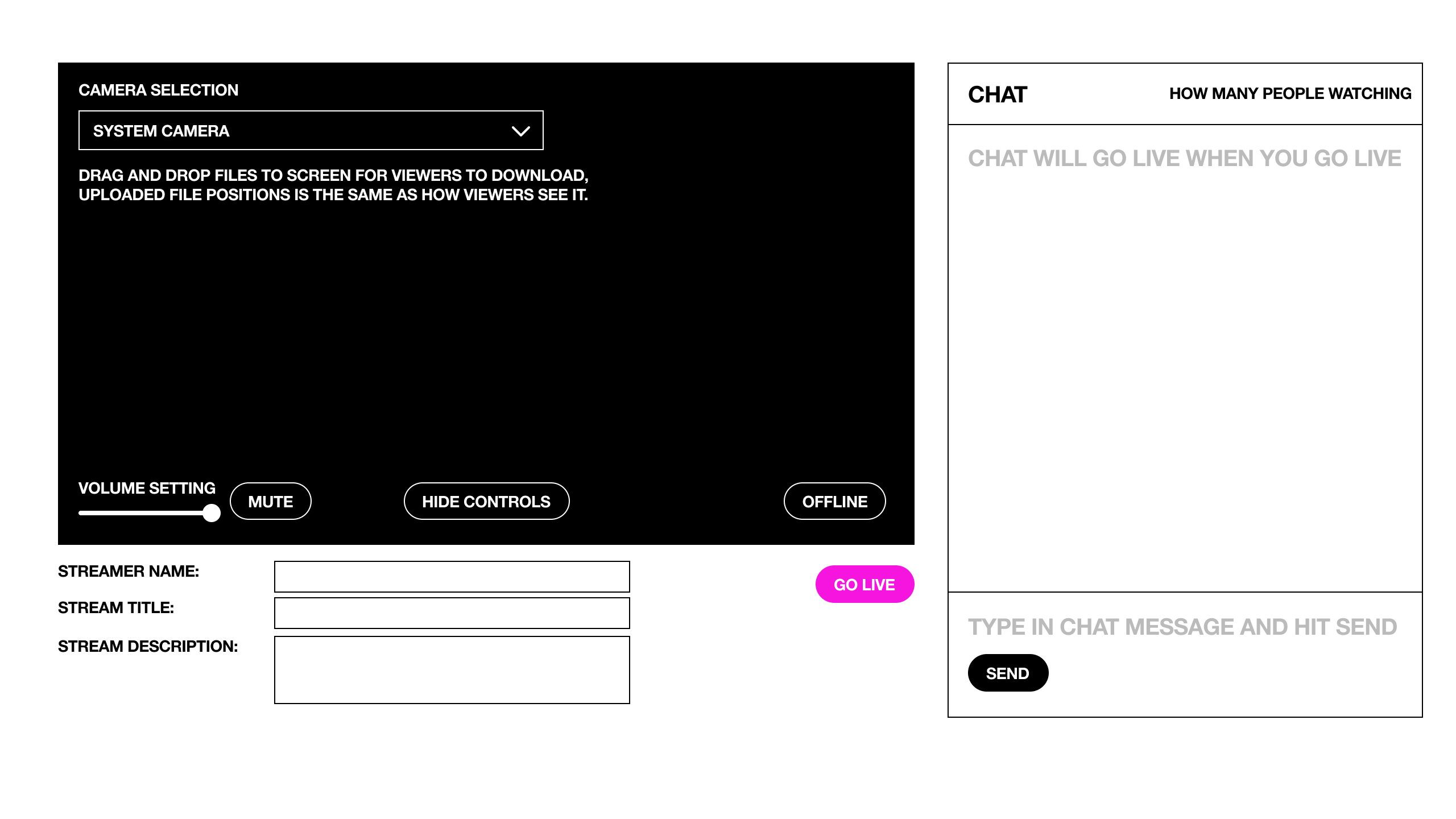 Wireframe of the Archil Live broadcaster setup state
