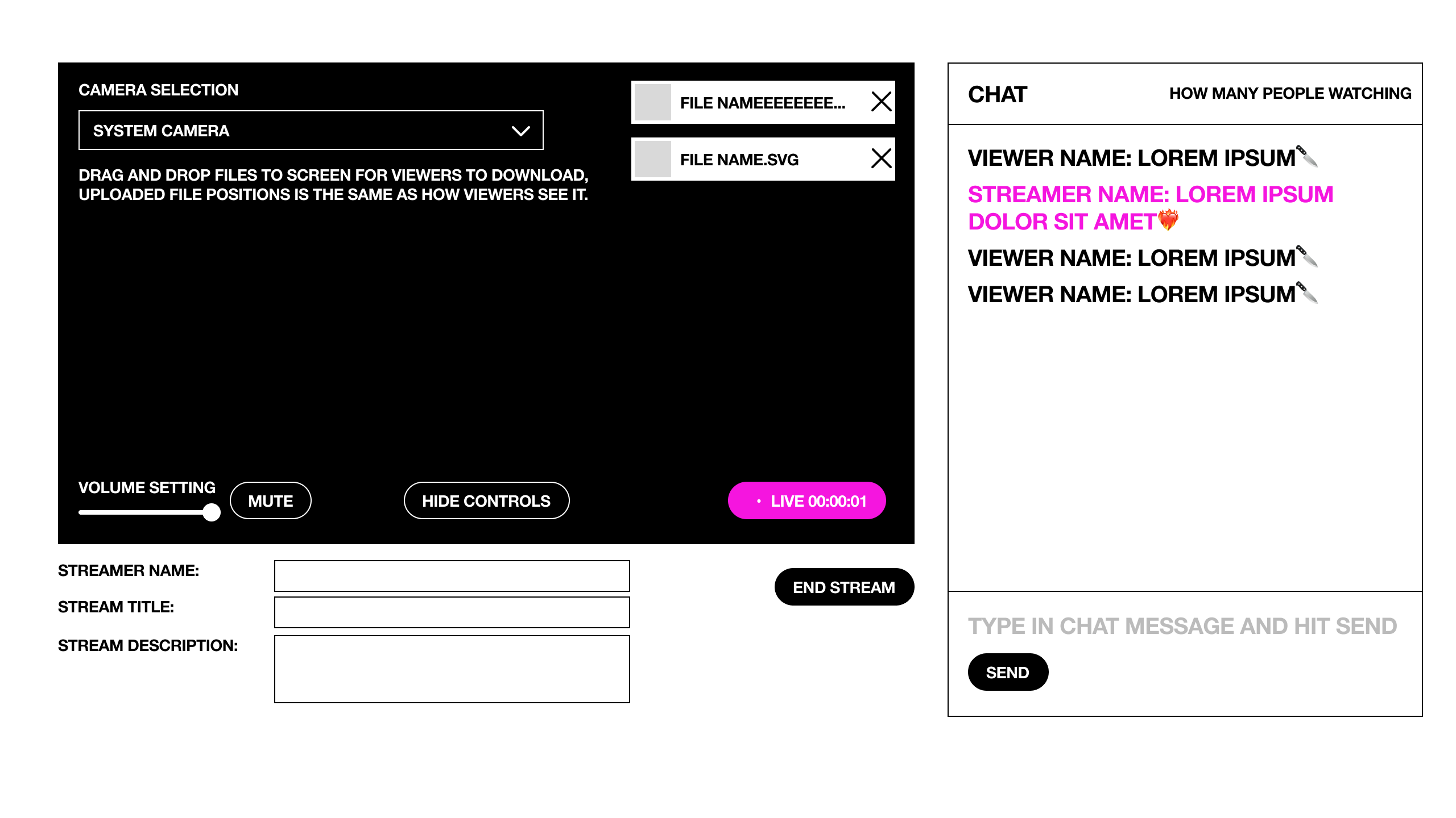 Wireframe of the Archil Live broadcaster live state