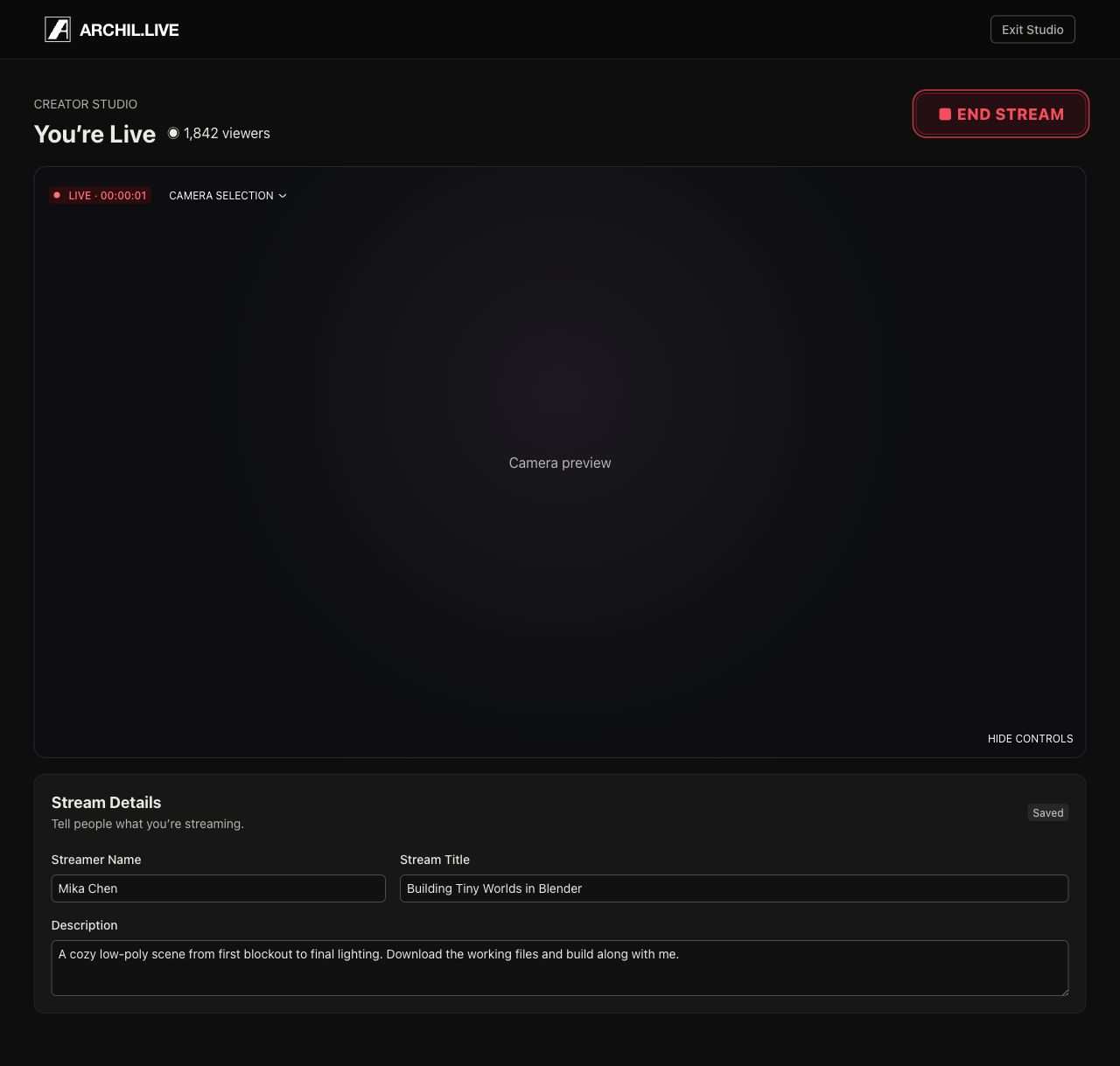 Final Archil Live creator studio during an active broadcast