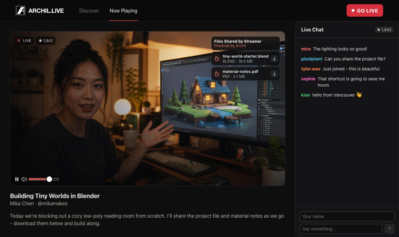 Final Archil Live viewer interface with shared files and live chat