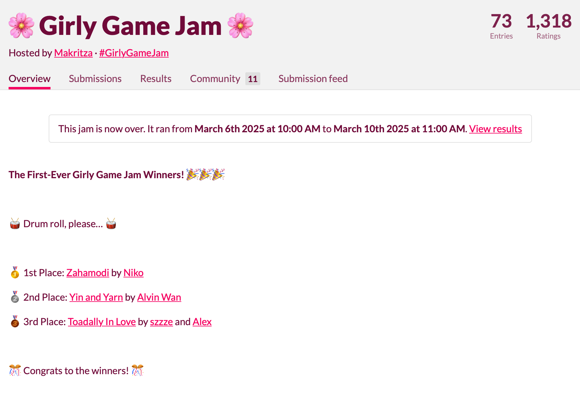 Girly Game Jam results listing Toadally In Love in third place